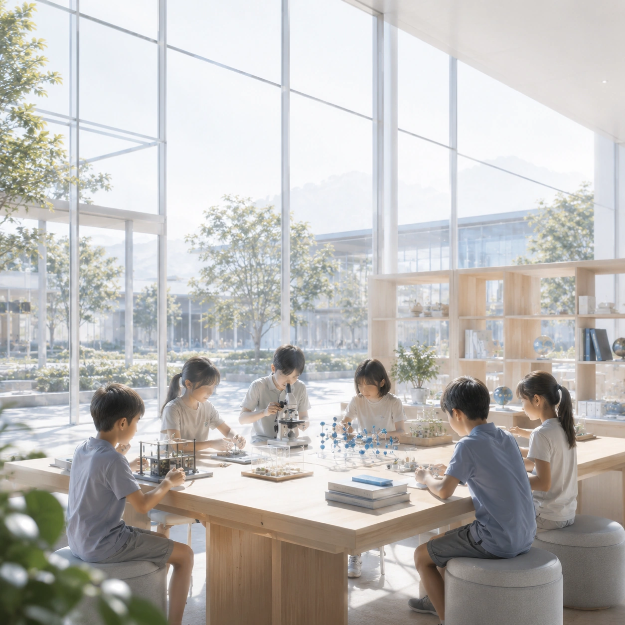明亮研学空间中孩童围坐动手探究