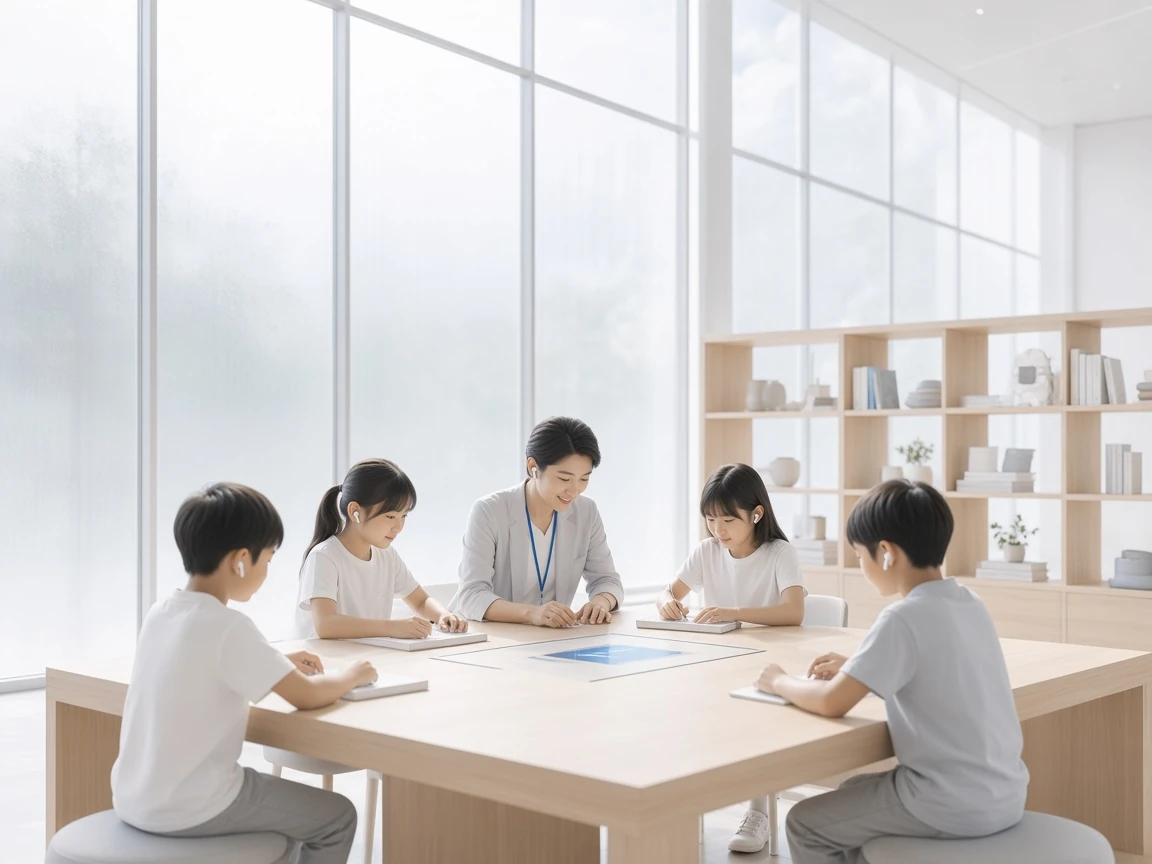 老师和孩子戴着耳机围坐在明亮的研学教室